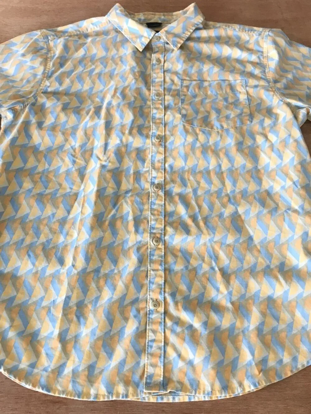 Prana Standard Fit Shirt Men L Yellow Geometric Button Up Pocket Short Sleeve